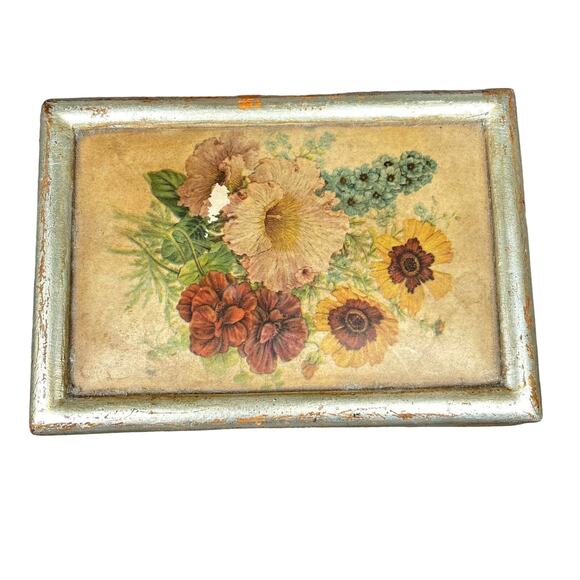 Borghese Chalkware Gold Trinket Box Floral Print Flowers Vintage Dresser DAMAGE - Picture 1 of 16